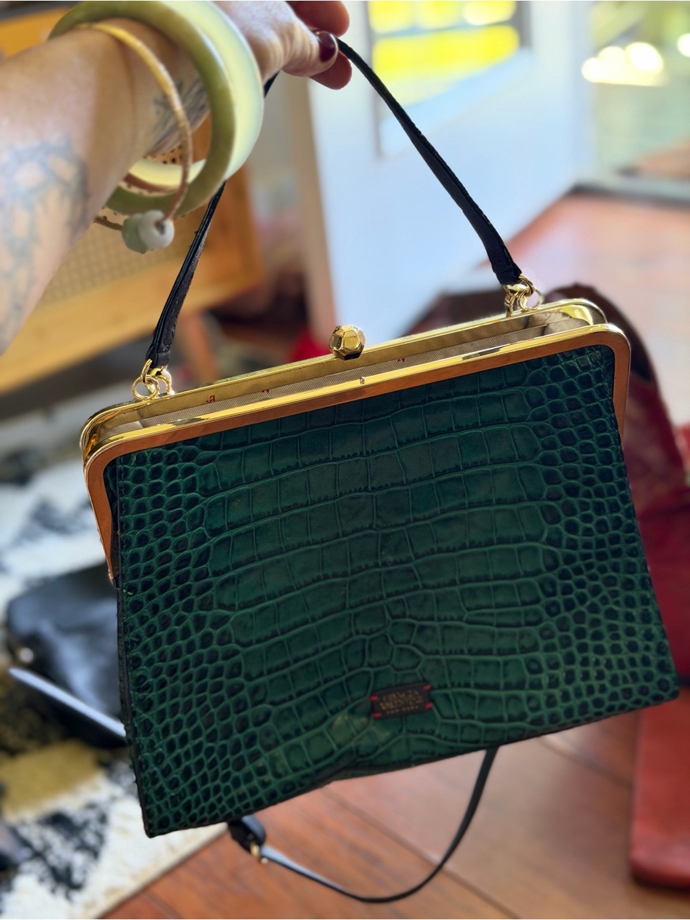 Frances Valentine Dark Green Croc-Embossed Top-Handle Satchel with Gold Frame